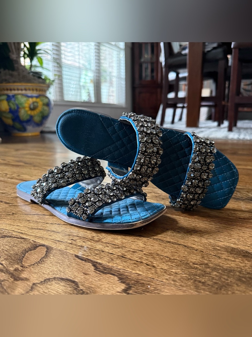 💎 Sam Edelman Teal Satin Crystal Embellished Slide Sandals Women’s 8.5